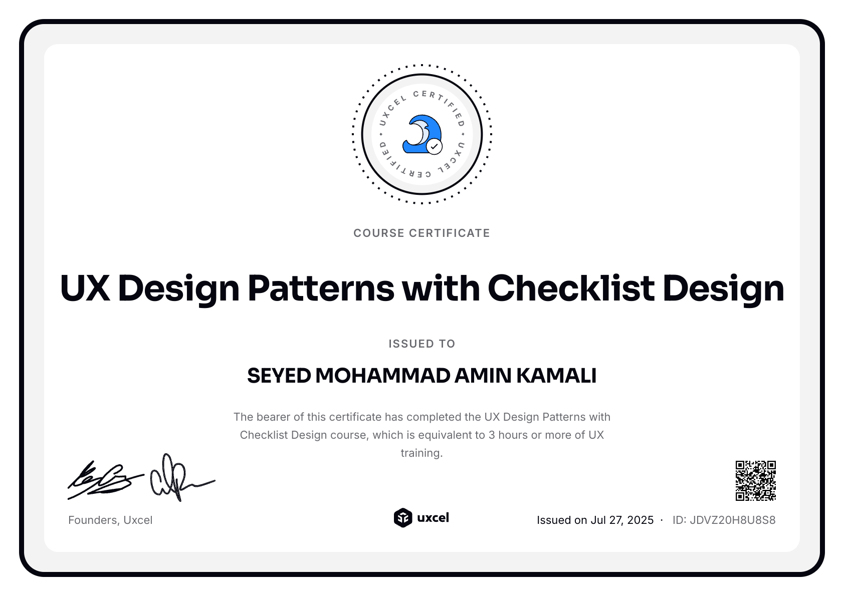 SEYED MOHAMMAD AMIN KAMALI's certificate